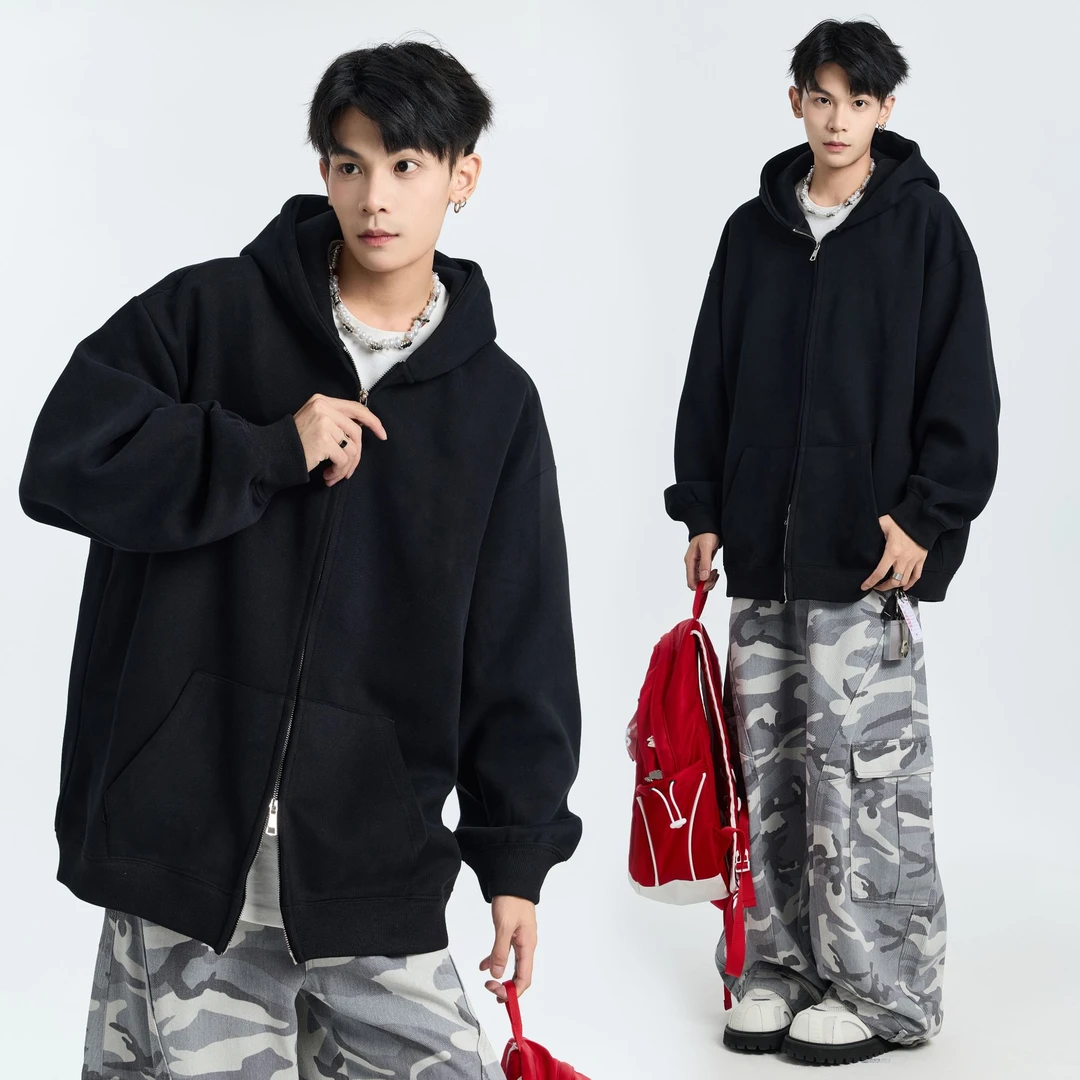 秋冬纯色开衫卫衣男宽松重磅420g长袖连帽外套潮牌青少年简约上衣