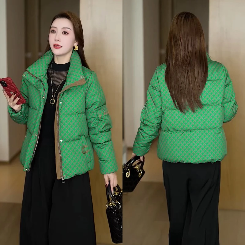 网红短款时尚休闲千鸟格子保暖韩版冬季棉衣女士加厚冬天