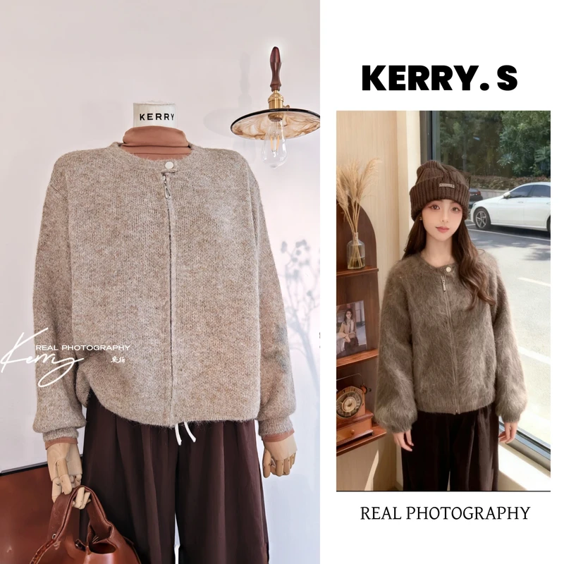 秋冬温柔风氛围感宽松开衫外套一粒扣拉链设计感显瘦女士毛针织衫