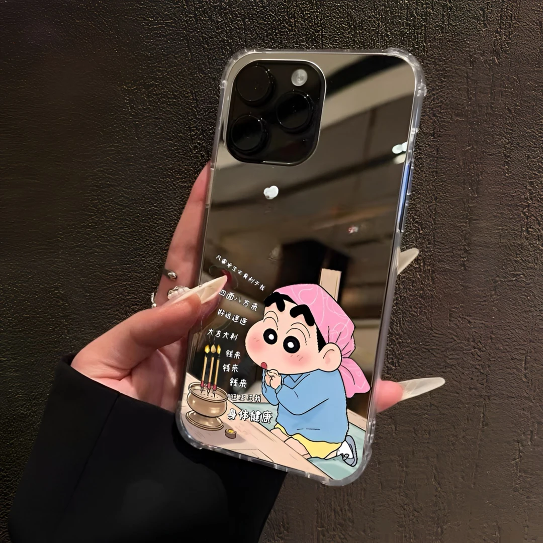 钱来蜡笔小新适用苹果16promax镜面手机壳15Plus可爱14pro补妆13