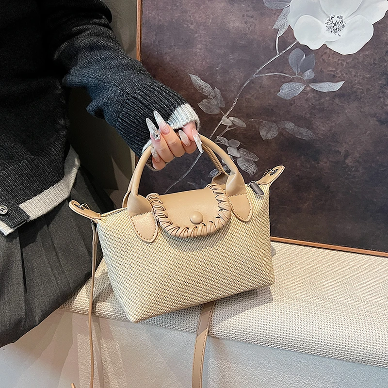 手提包双根日韩拉链法式简约水桶包休闲网红单肩包斜挎包女包