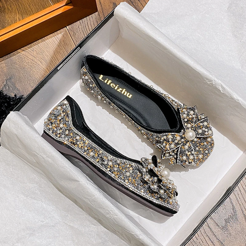 大码41-43单鞋女2025新款内增高时尚软底方头水钻瓢鞋浅口豆豆鞋