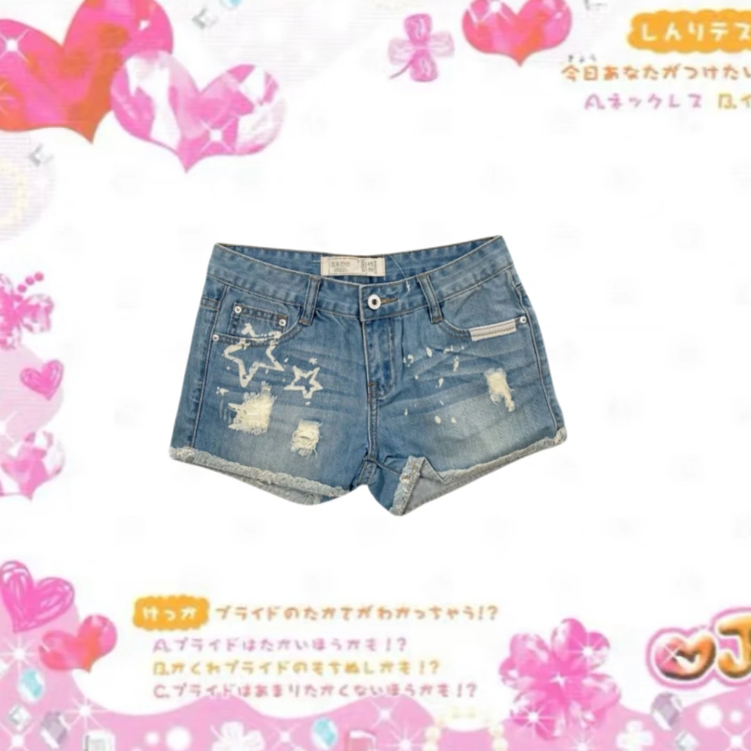 外贸尾货y2k千禧辣妹星星破洞热裤涩谷亚比修身低腰短裤