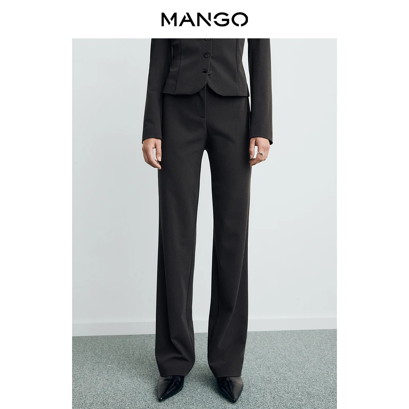 MANGO女装裤子2025秋装新款通勤职场中腰简约窄版直筒拖地西装裤