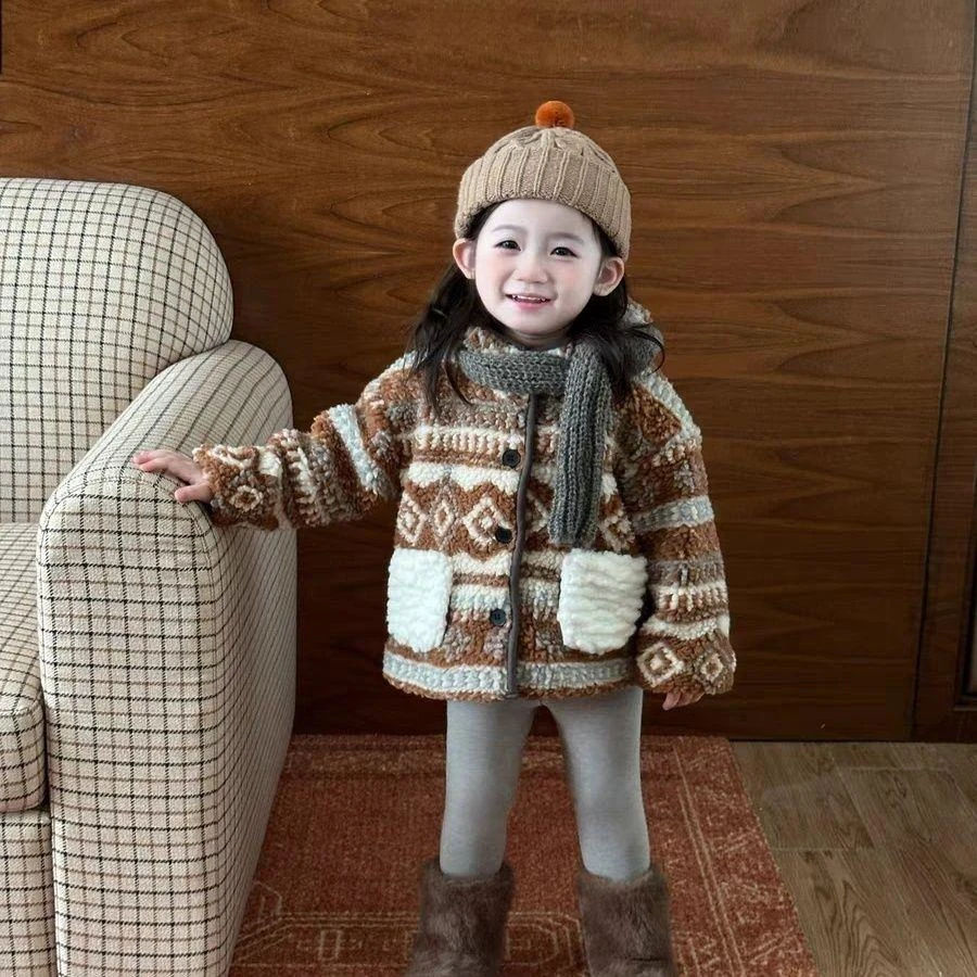 YMB英式【断码】女童羊羔绒外套2025冬季新款宝宝加绒加厚精灵帽