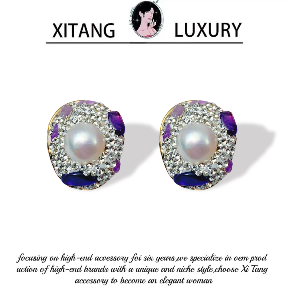 铜合金耳饰 《玫花露》法式精致复古气质蓝色耳钉耳环耳坠8415