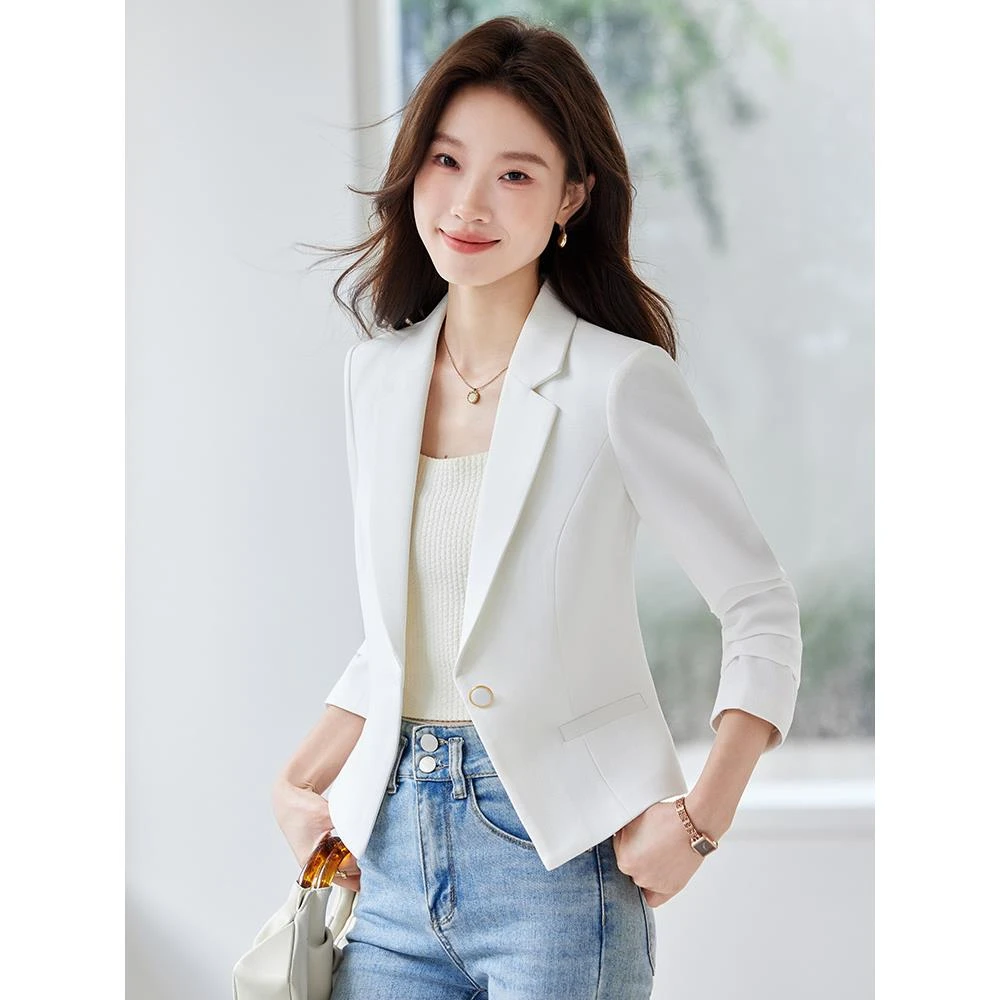白色短款西装外套女2026新款秋季修身上衣小个子高级感休闲小西服