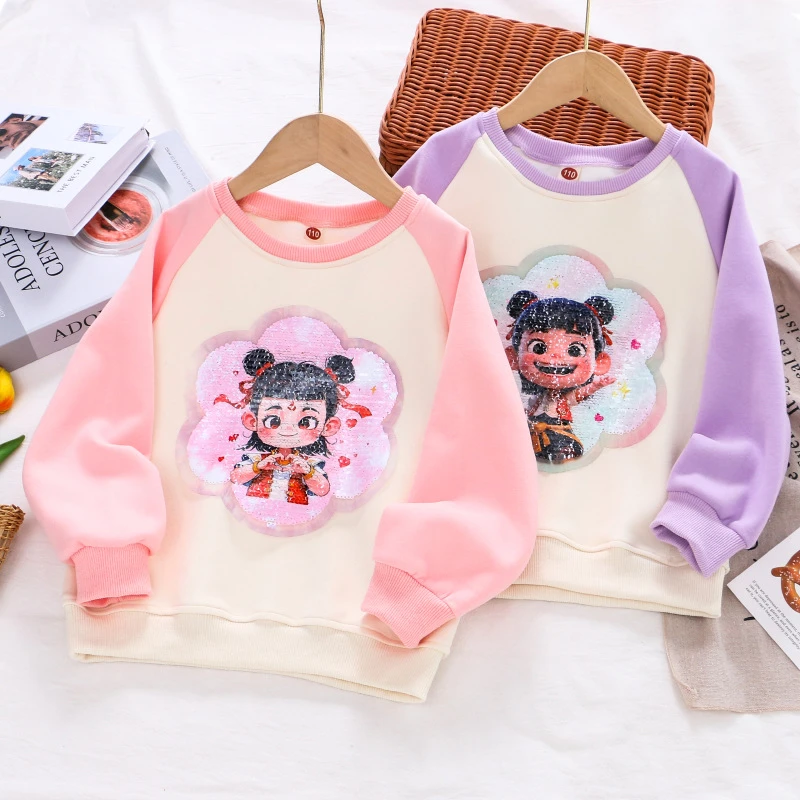 女童哪吒变色卫衣儿童宝宝爆款长袖春秋女孩圆领卡通休闲亮片上衣