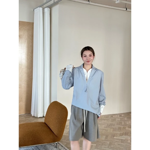 YOEEYOU设计师品牌低领拼色褶裥衬衫式上衣25春夏SOLSOL买手店