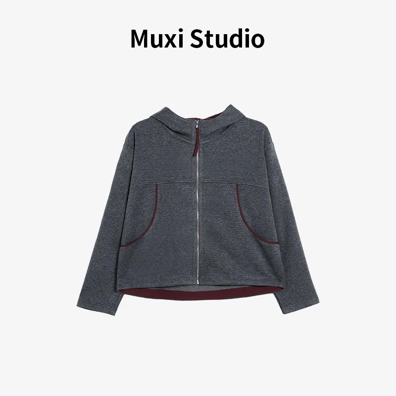 Muxi‘’秋冬桑蚕丝绵羊毛混纺撞色拼条连帽毛衫外套