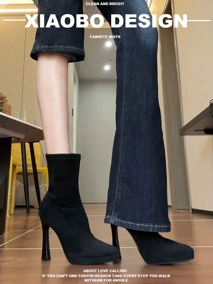 黑色防水台瘦瘦靴子女款爆款2025新款细跟尖头高跟弹力百搭小短靴