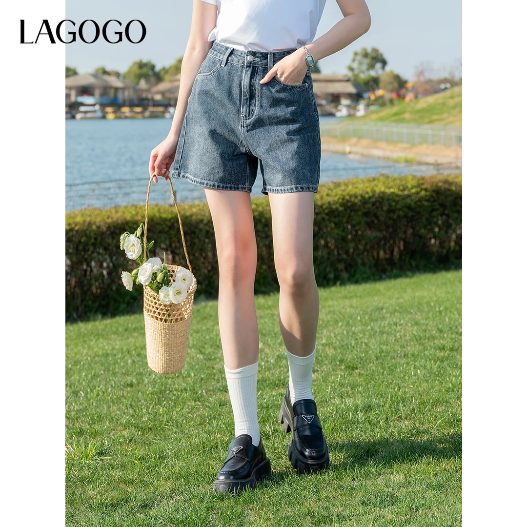 lagogo拉谷谷2025年新款清爽百搭刺绣牛仔短裤女OANN114G11