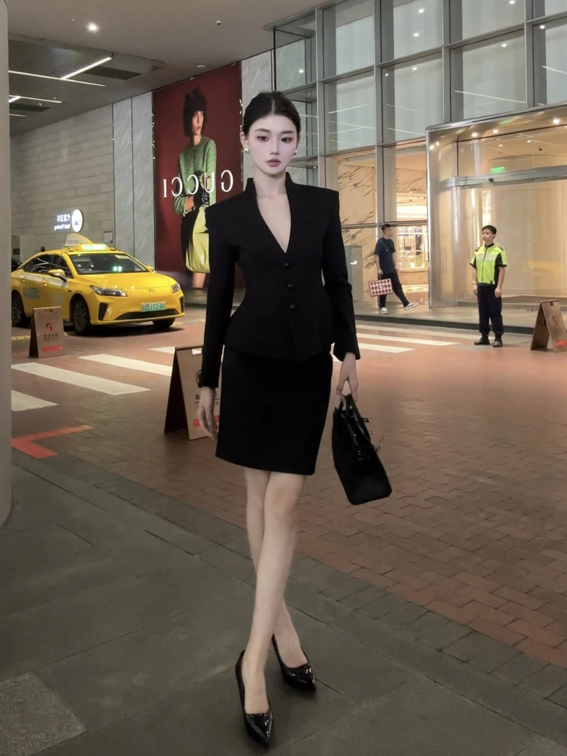 现货春日部【松弛盎然】OL收腰西装外套半身裙两件套01003