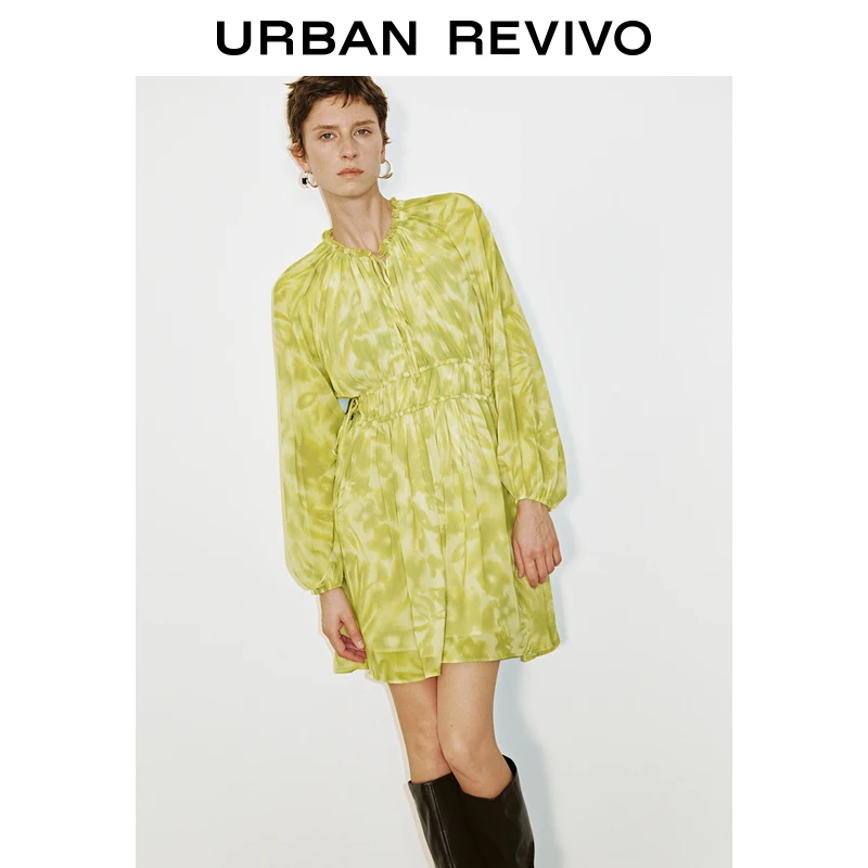 UR2025春季新款女度假风印花抽褶收腰灯笼袖连衣裙UWM750024