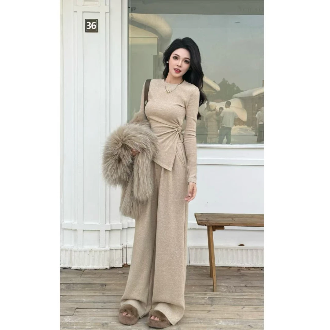 高腰遮肉显瘦阔腿裤气质时尚不规则休闲套装女2024秋冬新款