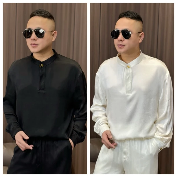 孙先生｜高奢夏季男士松弛感套装亨利领金扣铜氨丝长袖阔腿裤1135