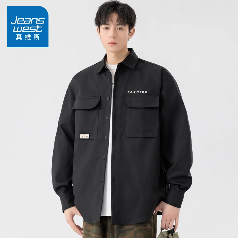 真维斯工装衬衫男潮流休闲长袖百搭宽松日系青少年帅气衬衣外套男