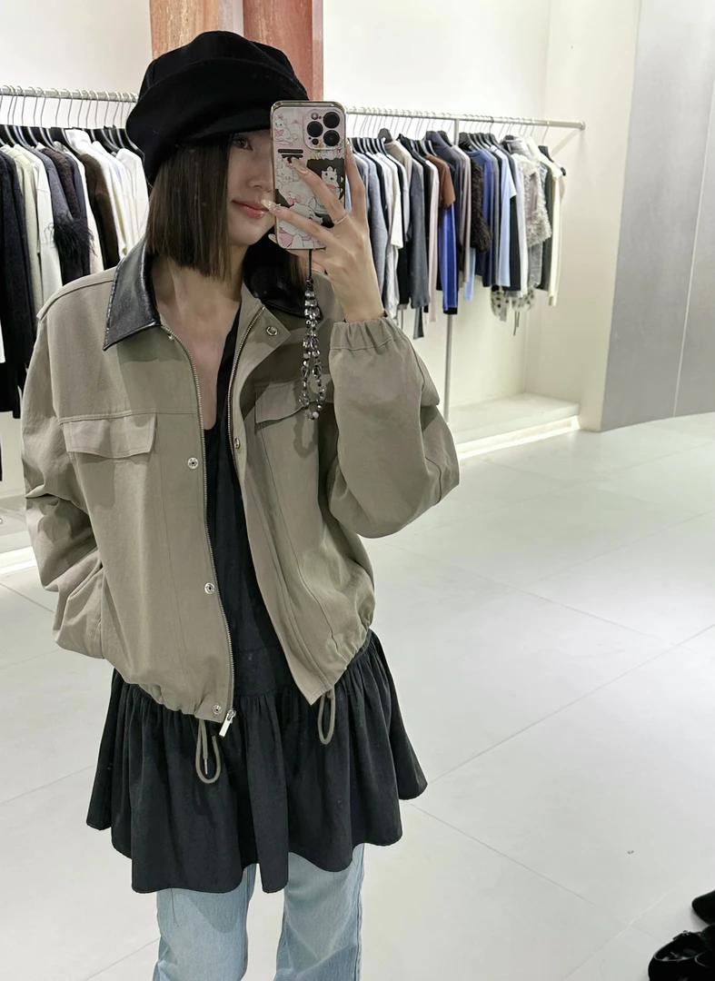 泡菜拼皮领短款夹克外套春季拼接休闲翻领