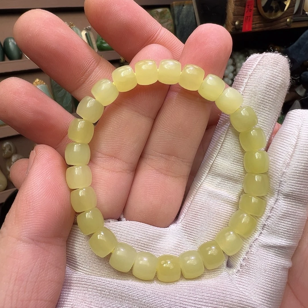 和田玉未镶嵌手串新疆若羌冰油底鸡油黄微荧光猫8mm直切货中
