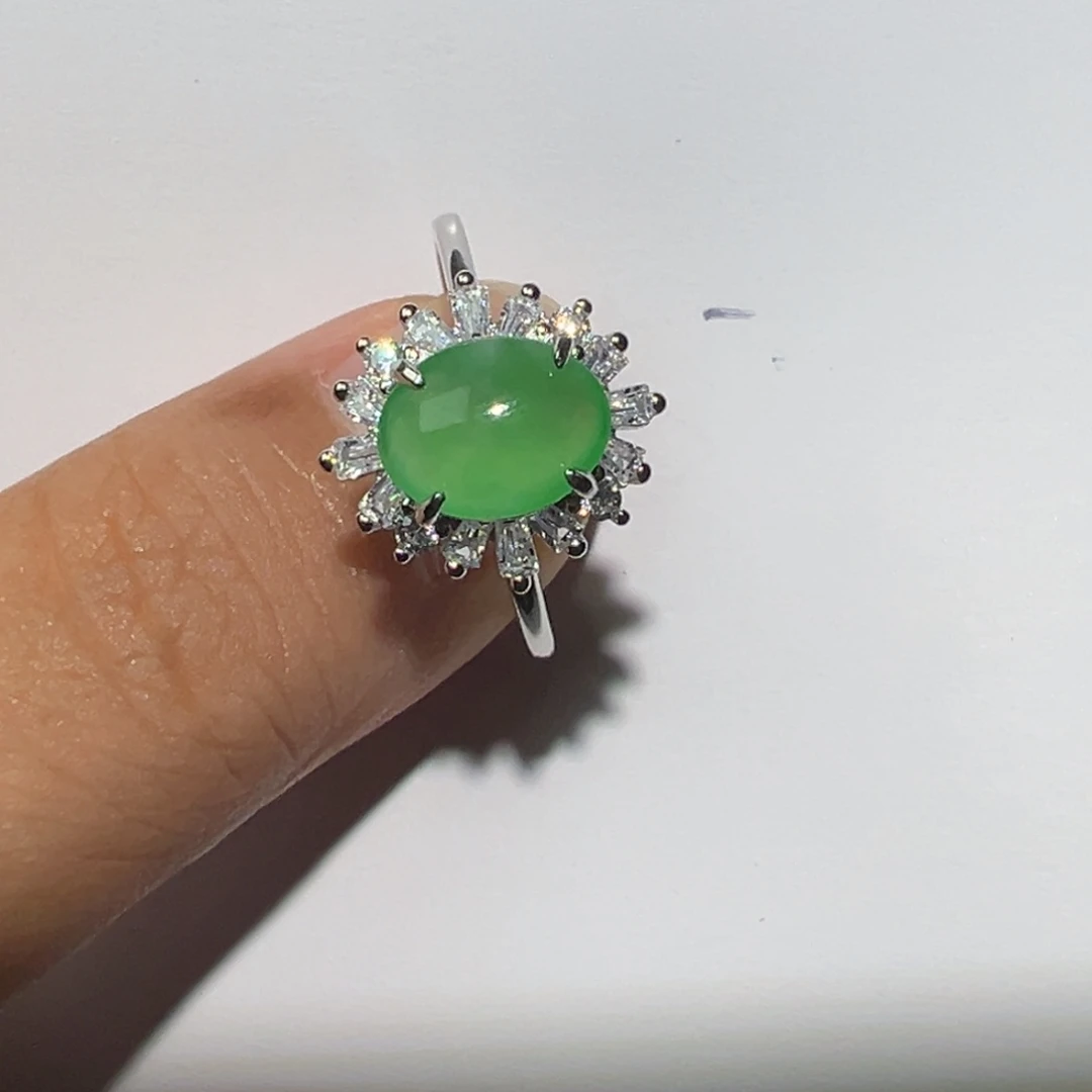 银S925镶嵌戒指翡翠缅甸天然A货翡翠