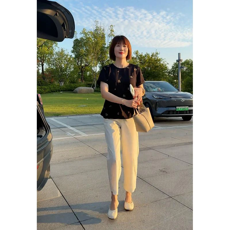 2025夏季新款通勤穿搭女时尚减龄短袖上衣小个子高腰百搭休闲裤子