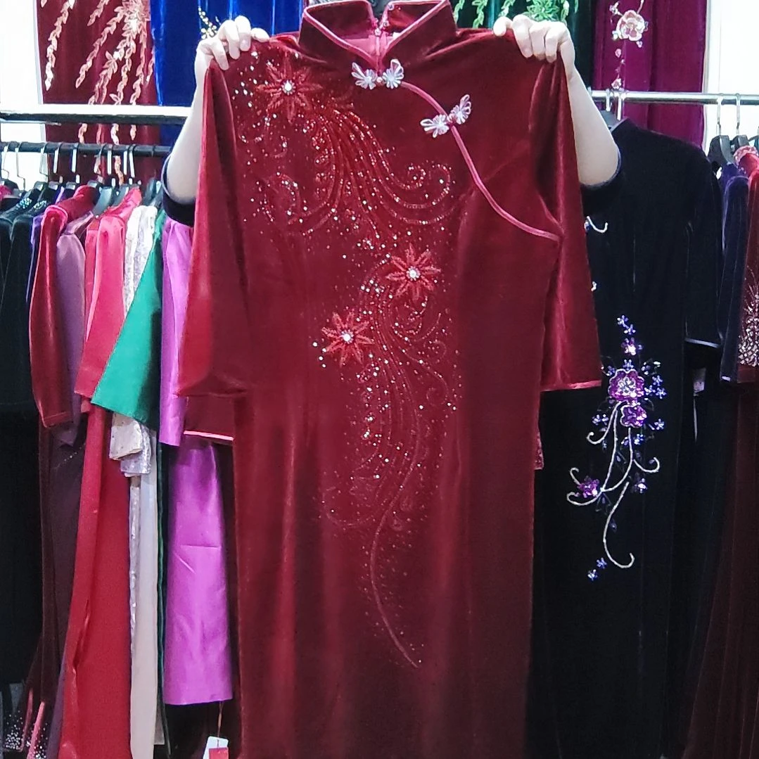 酒红色金丝绒重工盘扣中长旗袍3XL码偏大胸112腰98