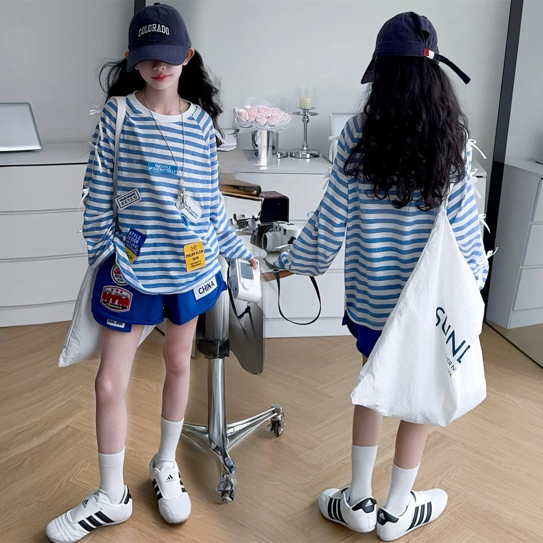 女童夏季条纹防晒t恤套装儿童夏日薄款短裤两件套女孩夏装空调服