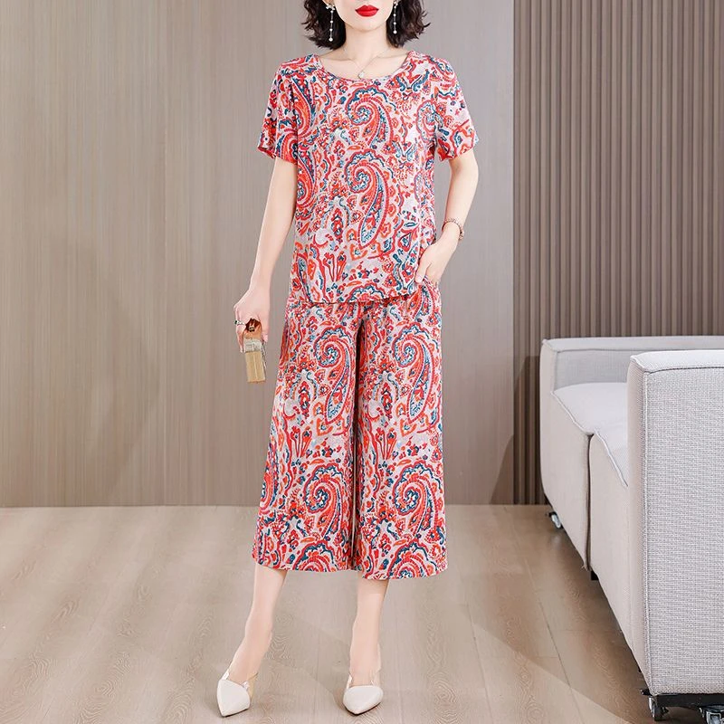 夏季棉绸套装女气质洋气显瘦减龄上衣短袖休闲阔腿裤两件套人造棉