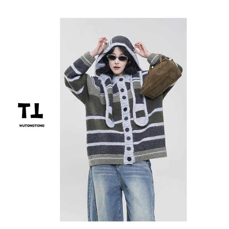 吴童童现货【动感萨瓦】冬季新款条纹长袖毛衣外套女针织衫61739