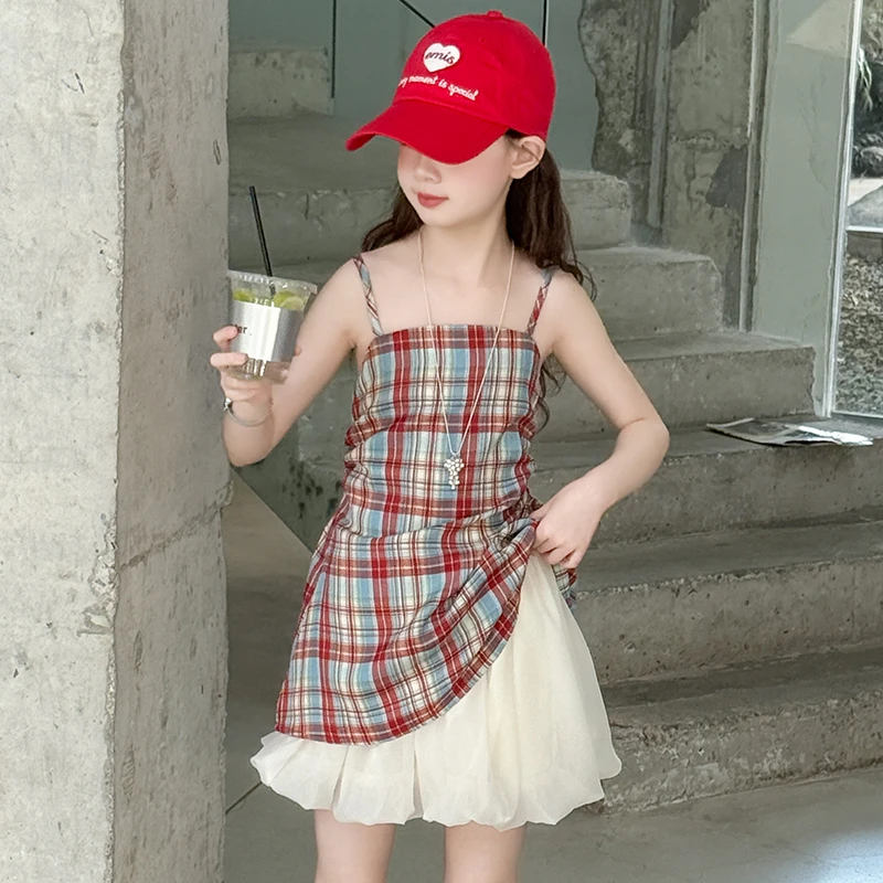 女童夏装套装2025新款洋气儿童韩版格子吊带中大童花苞裙两件套潮