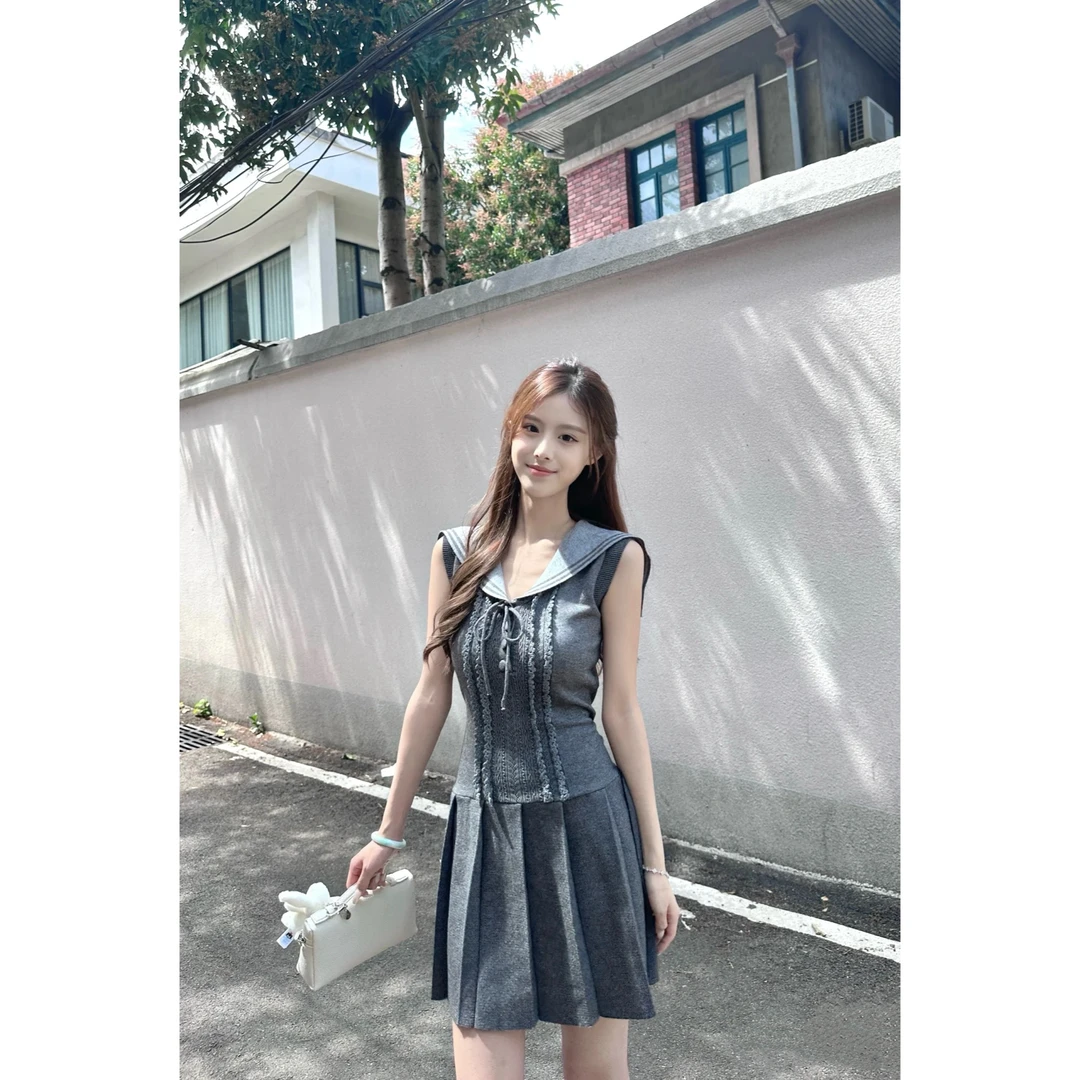 ICCLEK 夏季海军领无袖针织连衣裙显瘦灰色法式气质显瘦百搭-1290