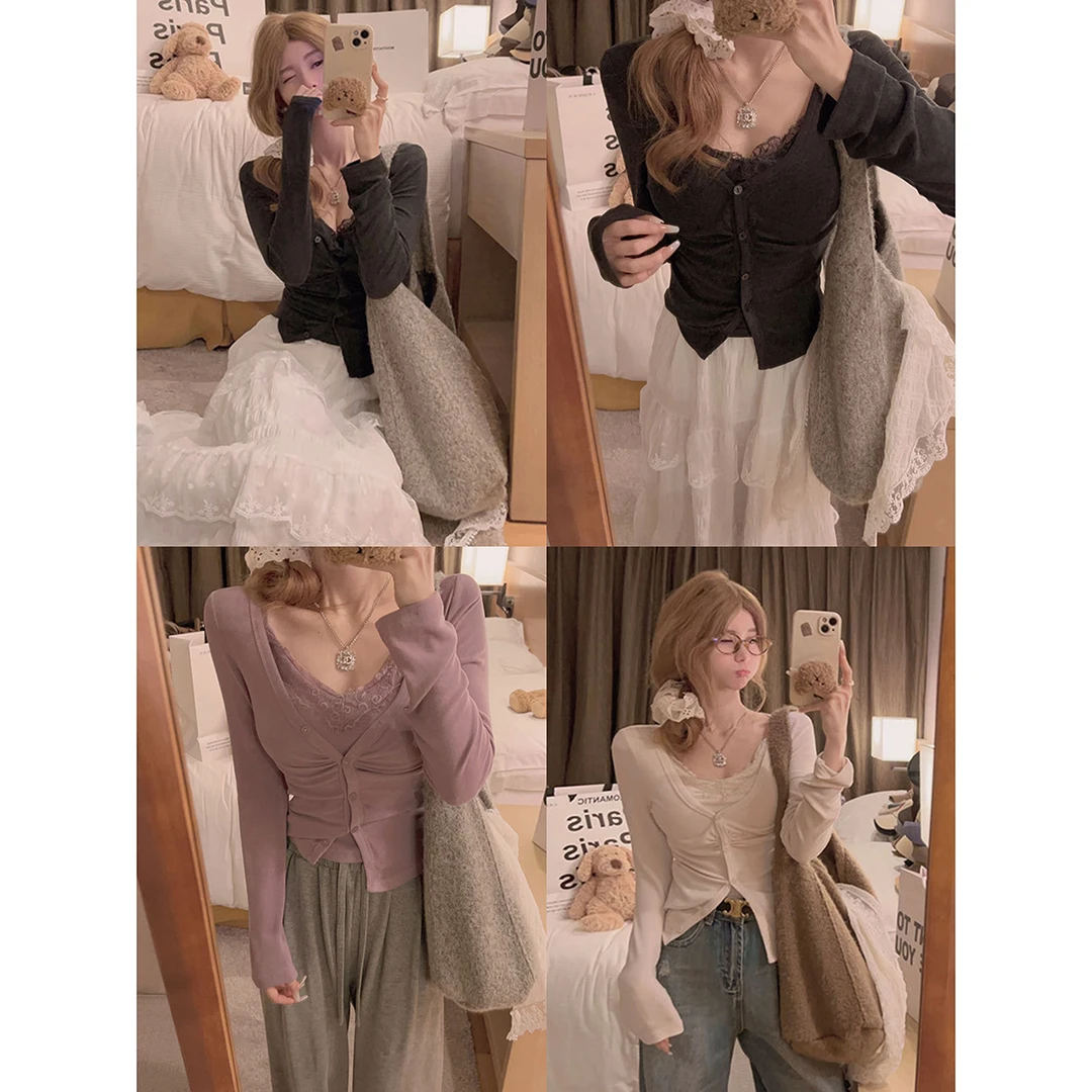 Yukiss【叠穿套装！嗲嗲蕾丝胸垫吊带+上衣两件套】叠穿两件套A5197