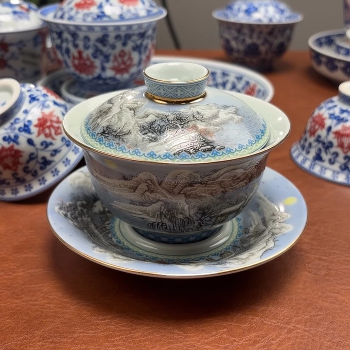 摆件雪景三才盖碗景德镇发货