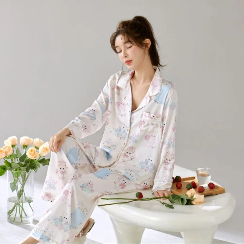 卡通款凉感夏款睡衣家居服甜美开衫长袖轻奢高端女士清爽贡缎丝滑