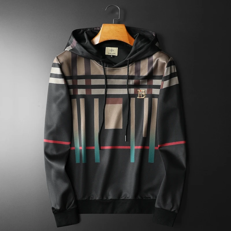 希敦纽勒欧货春季男士连帽卫衣潮牌格子印花长袖套头休闲外套男