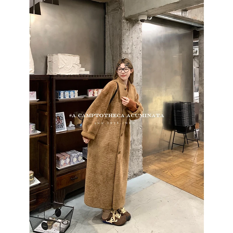 LUU桃喜儿/长款两穿皮毛一体大衣外套女秋冬宽松羊羔毛麂皮设计感