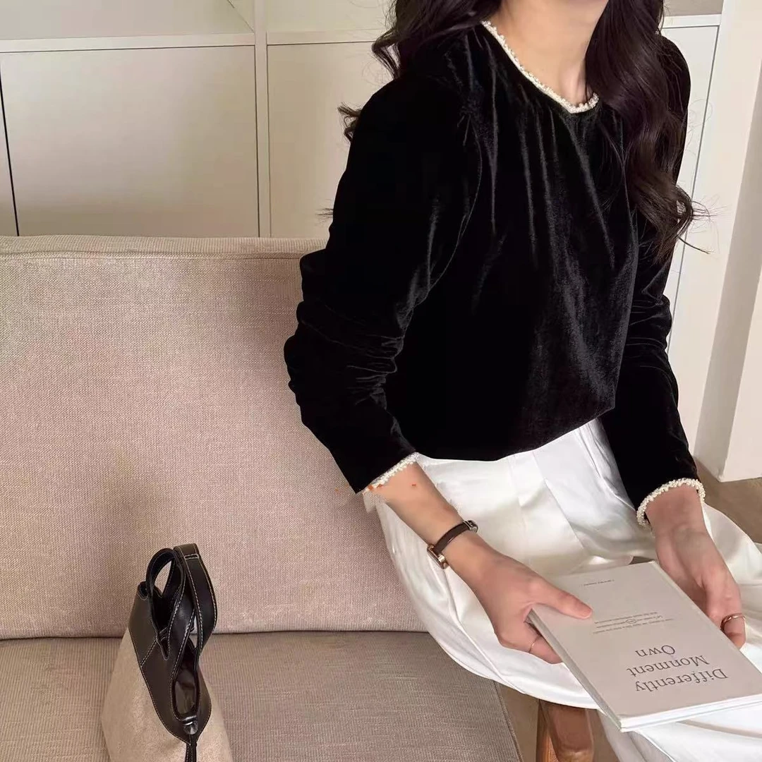 【YANZIJIA】重工手工串珠圆领丝绒打底衫上衣（以直播间实物为准）