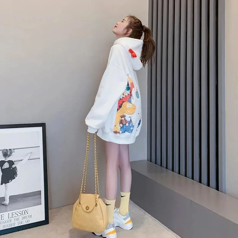 白色学院风鹿角卡通印花学生长袖连帽卫衣女秋冬季薄款加绒上衣服