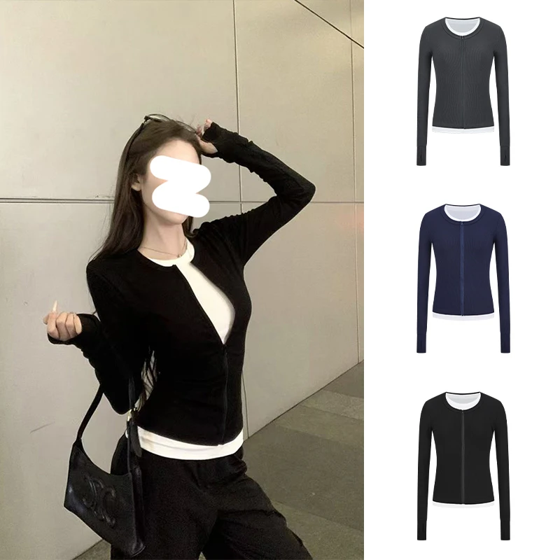 Moses Queen/魔西女王拉链开衫假两件长袖T恤女秋显瘦设计感上衣