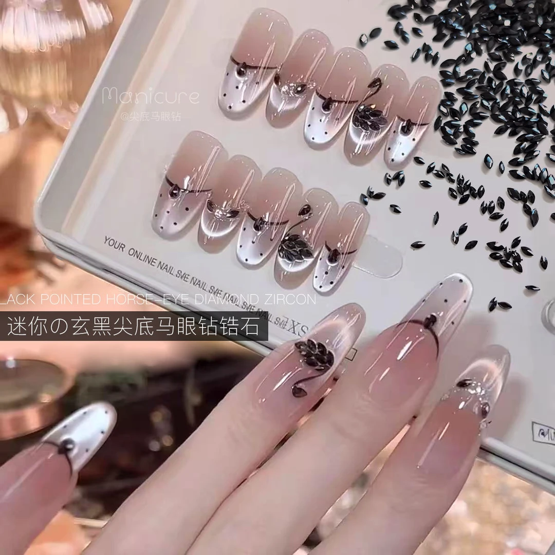 尖底黑色马眼锆石美甲饰品混装迷你小号纯黑菱形水钻指甲配饰
