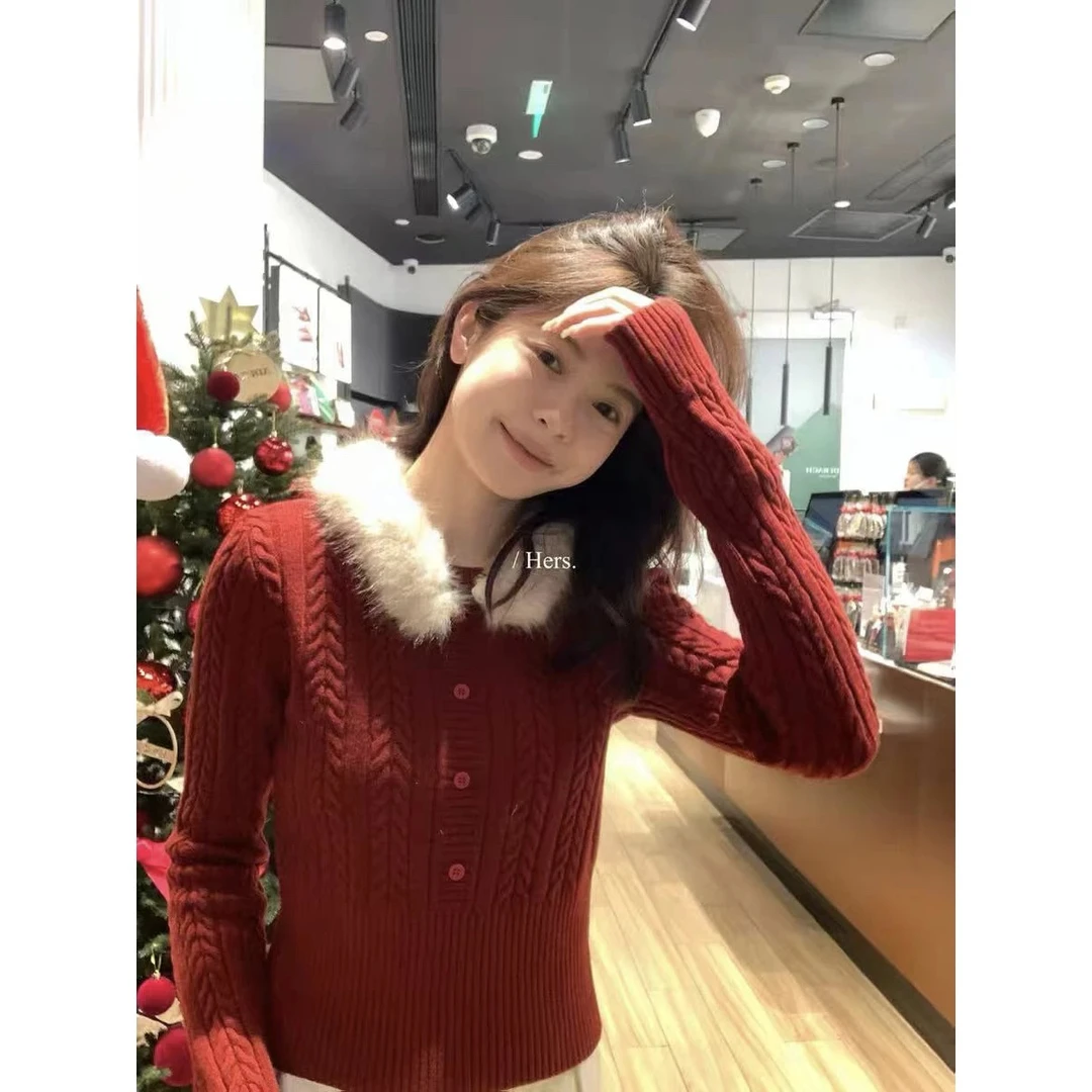 【佳佳服饰】可拆卸毛毛领秋冬纯欲风麻花针织