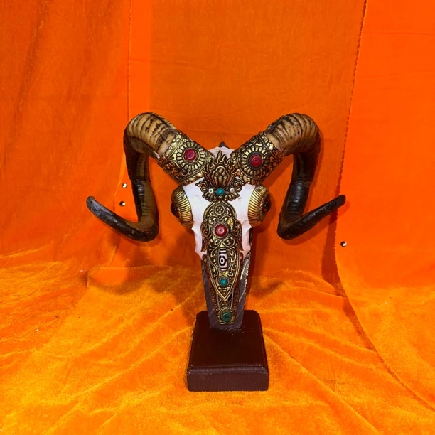 藏式包铜羊头骨工艺品 手工镶铜羊头标本 壁挂装饰 摆件店面装饰