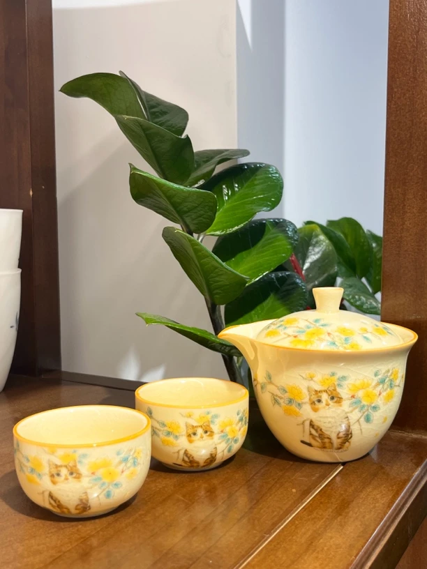 哥窑梨花猫咪大号复古中式珐琅彩茶具套组