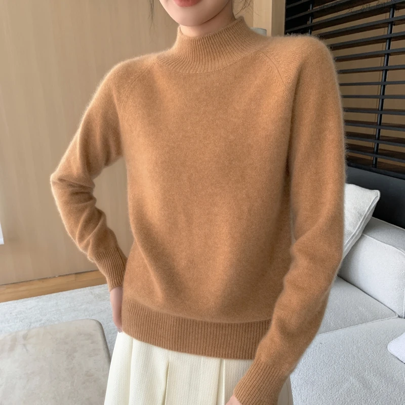 秋冬半高领纯山羊绒衫女套头中领宽松加厚毛衣针织打底上衣百搭