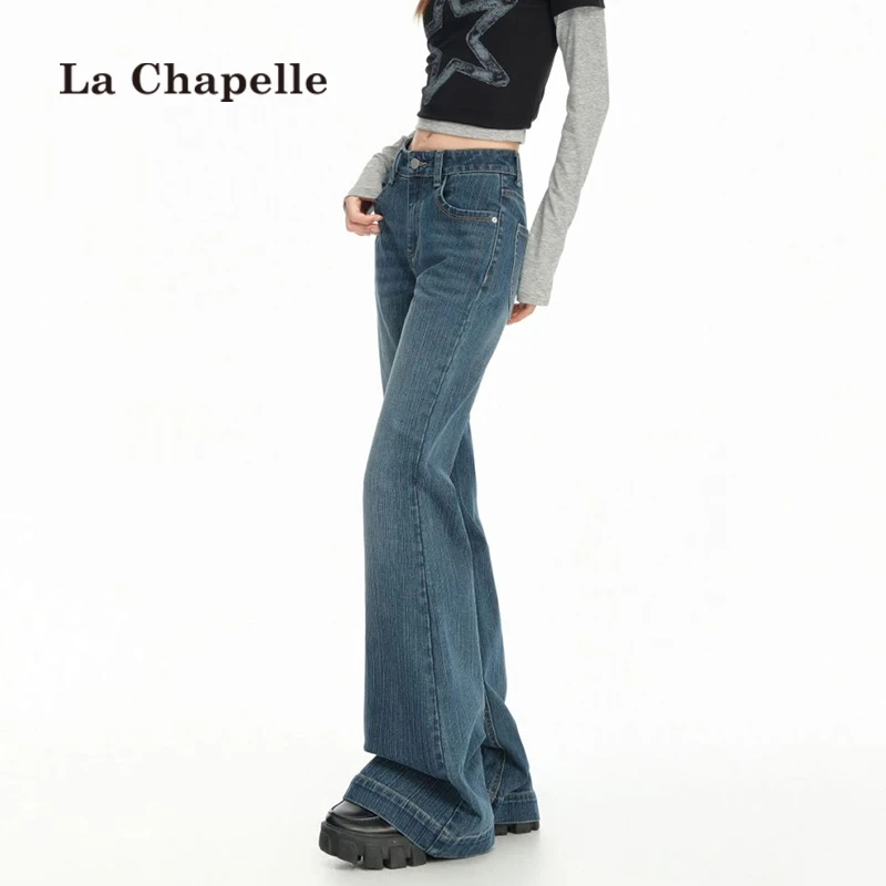 拉夏贝尔复古微喇牛仔裤女秋季新款低腰辣妹修身显瘦不贴腿喇叭裤