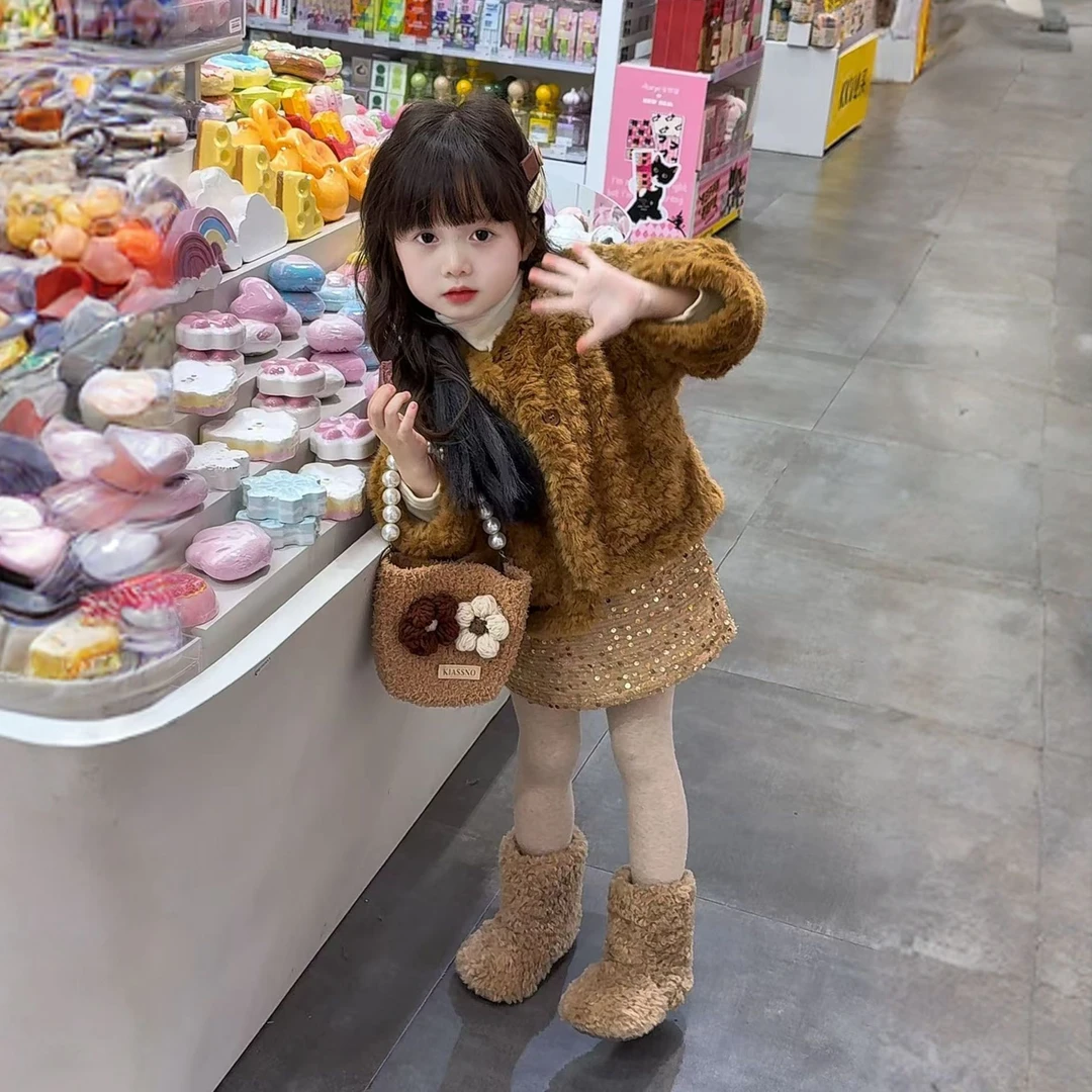 原创冬季女童黄色毛毛加绒外套加厚儿童亮片洋气半身裙两件套