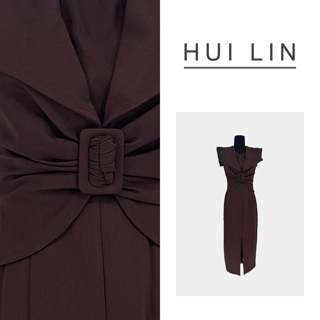 【夏季新款】红棕色短袖收腰蝴蝶大翻领连衣裙【25795】