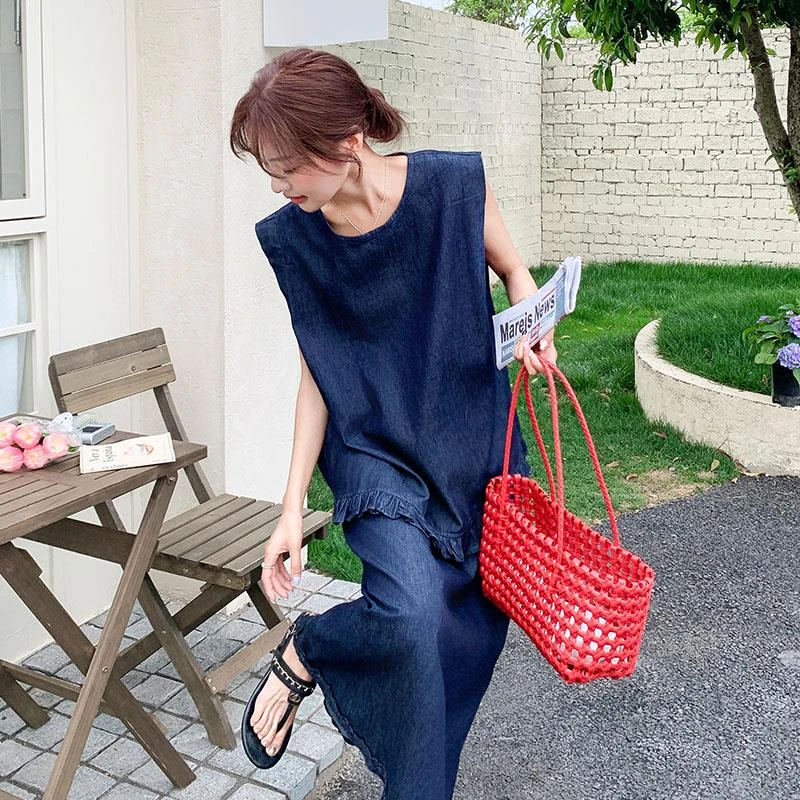 慵懒风复古牛仔无袖背心半身裙套装女2025夏季新款韩版宽松两件套