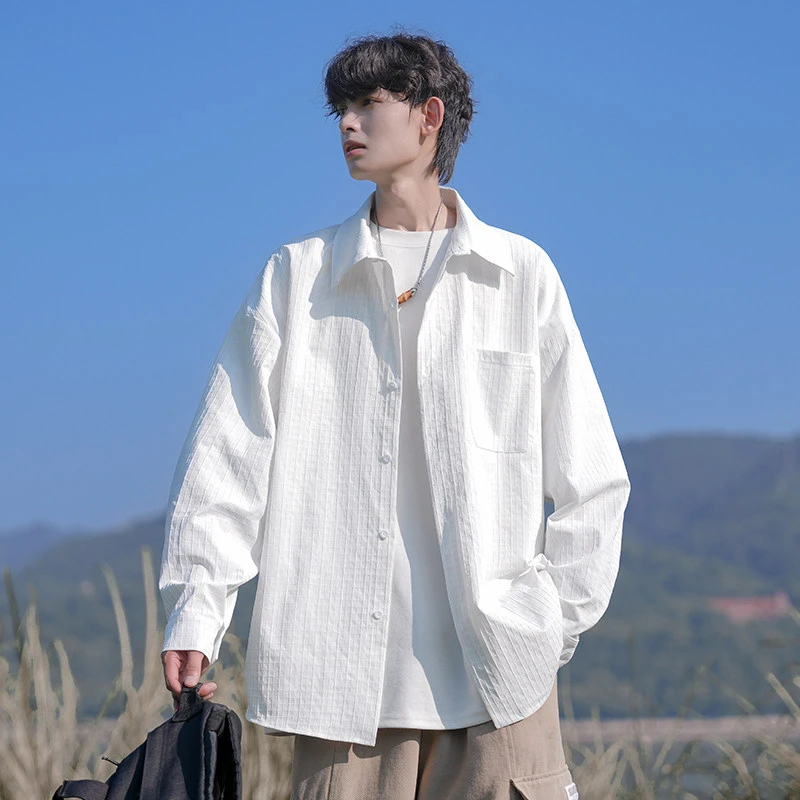 宣树原创2025秋季新款舒适清爽肌理感纯色长袖宽松翻领衬衫外套