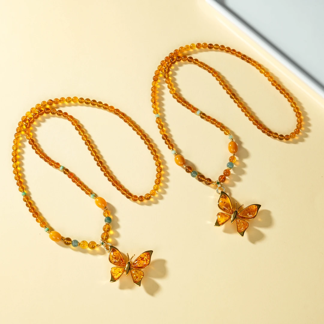 【云上叙】S925银琥珀蝴蝶项链-多样性发其一-5mm-V33363-M（甄选）